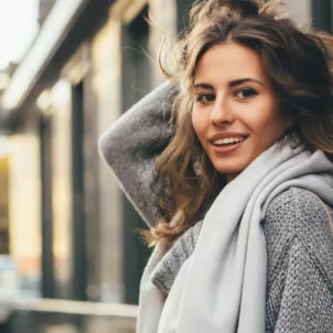 Woman with luscious wavy dream hair on the street