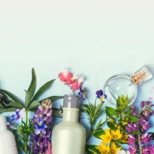 Bottles and tinctures for beauty alchemy amongst colorful flora on blue background