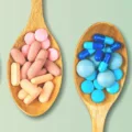 4 wooden spoons of different colored beautiful vitamins and nutrients for skin health