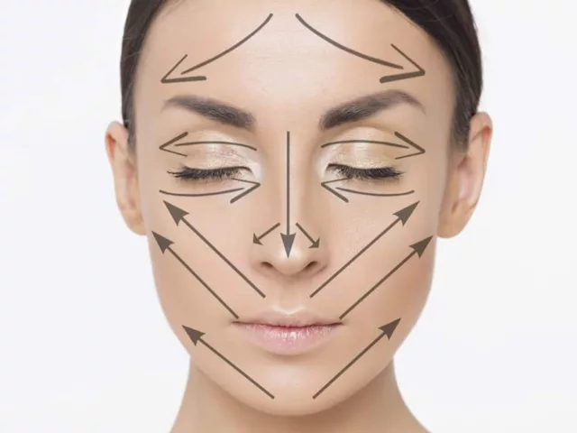 Superimposed arrows on woman's face showing directions for facial mapping to reduce breakouts