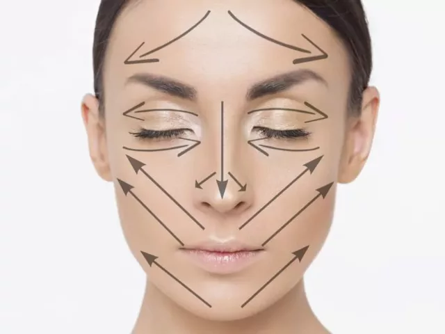 Superimposed arrows on woman's face showing directions for facial mapping to reduce breakouts