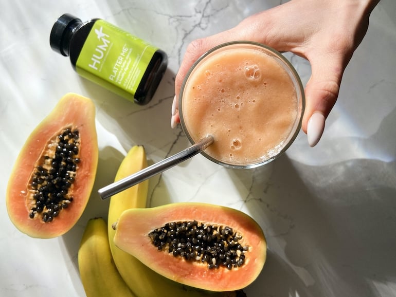 Papaya smoothie, fresh papaya, and bananas to help with bloating