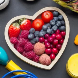 Heart-shaped bowl with berries, lychee, and tomatoes amidst fitness gear and orange juice on slate background