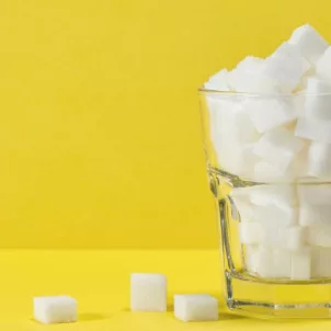 Sugar cubes in a pint glass on yellow background