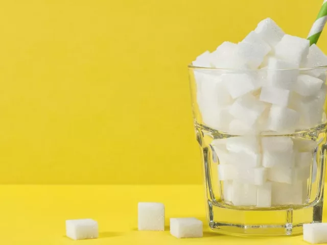 Sugar cubes in a pint glass on yellow background