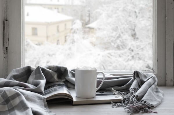 A cup of hot tea and a book with scarf in winter window setting.