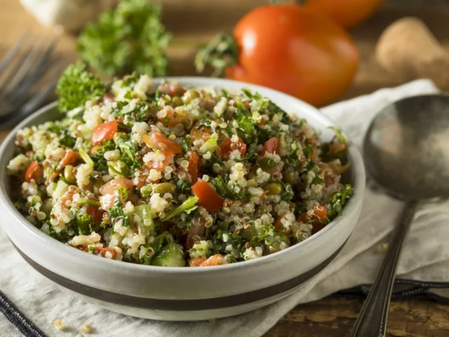 Healthy Organic Quinoa Tabouli Salad with Tomato and Cucumber