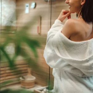 Woman in robe entering steam room with bucket
