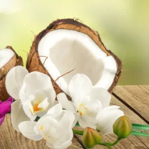 Open coconut and flowers, aka ingredients in a Florapy coconut sheet mask