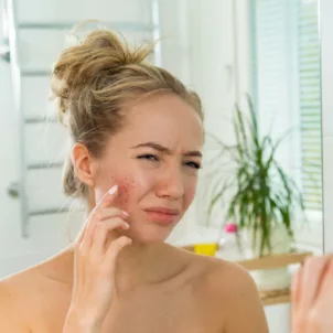 Woman looking in bathroom mirror upset about her cystic acne