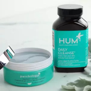 Patchology Undereye Masks with a bottle of Daily Cleanse by HUM Nutrition