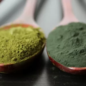 5 Green Superfoods in powder form in wooden spoons on table