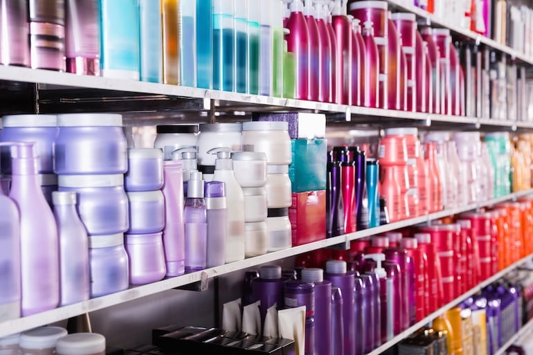 Aisle of hair care products in store