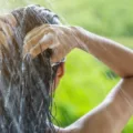 Woman shampooing her hair with best hair care ingredients in outdoor shower