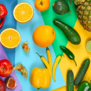 Variety of colorful fruits and vegetables that will let you "eat the rainbow" on rainbow background