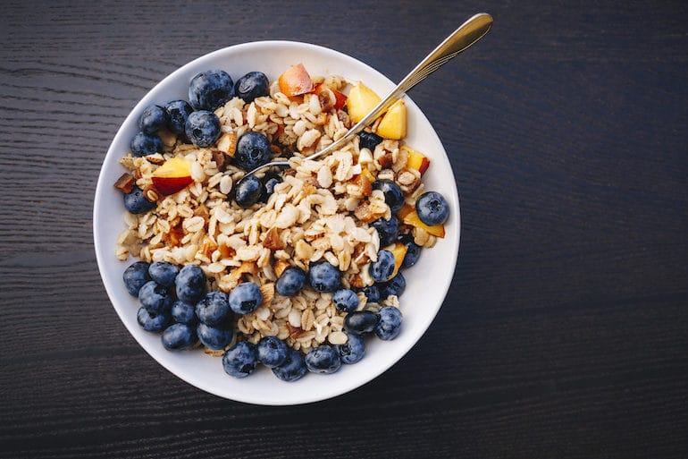 Healthier breakfast cereal alternative with less sugar, more fiber, and fresh blueberries.