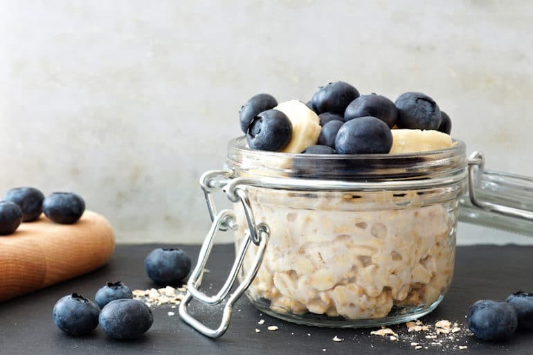 Jar of overnight oats with blueberries - easy healthy breakfast ideas