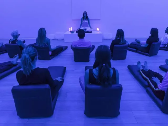 Meditation session with blue lighting at Unplug Meditation West Hollywood