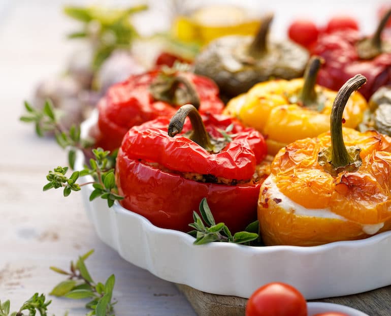 Vegetarian roasted stuffed peppers for vegetarian Thanksgiving leftovers