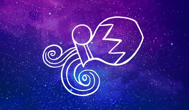 Aquarius water bearer symbol on purple and blue starry background