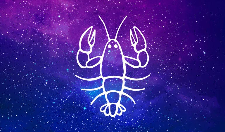 Cancer crab symbol on purple and blue starry background