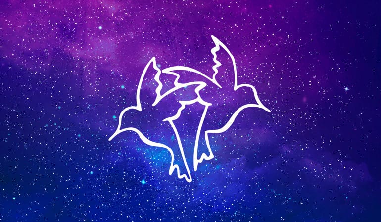 Gemini twins symbol on purple and blue starry background