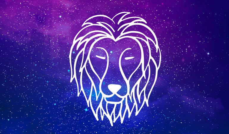 Leo lion symbol on purple and blue starry background