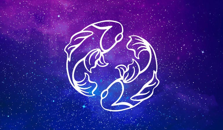 Pisces fish symbol on purple and blue starry background