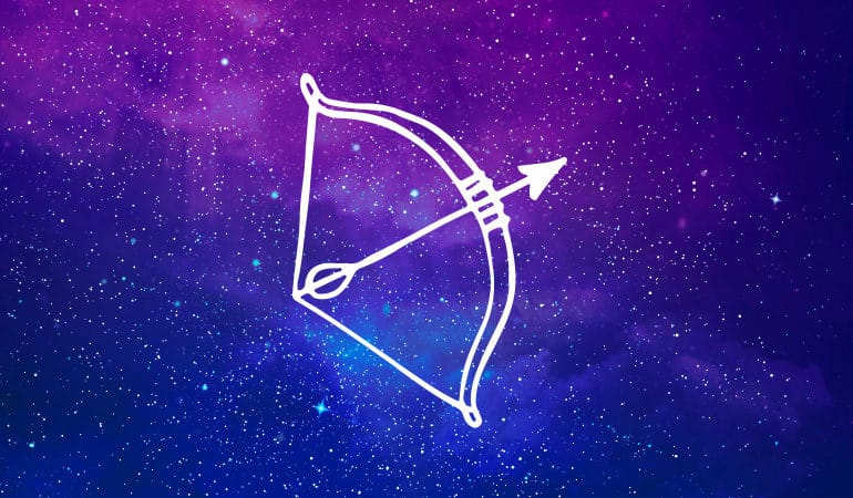 Sagittarius archer symbol on purple and blue starry background