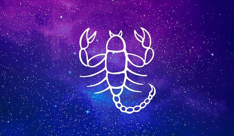 Scorpio scorpion symbol on purple and blue starry background