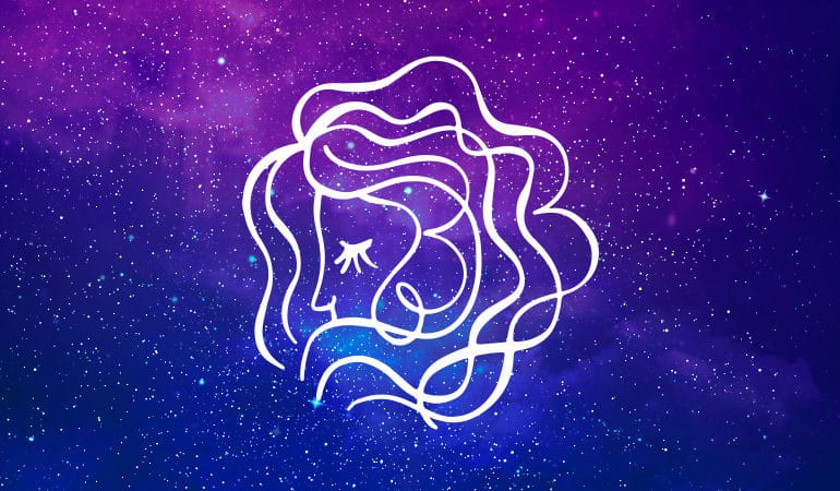 Virgo virgin woman symbol on purple and blue starry background