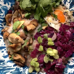 Easy congee recipe dish with mushrooms, green onion, cilantro, and radishes