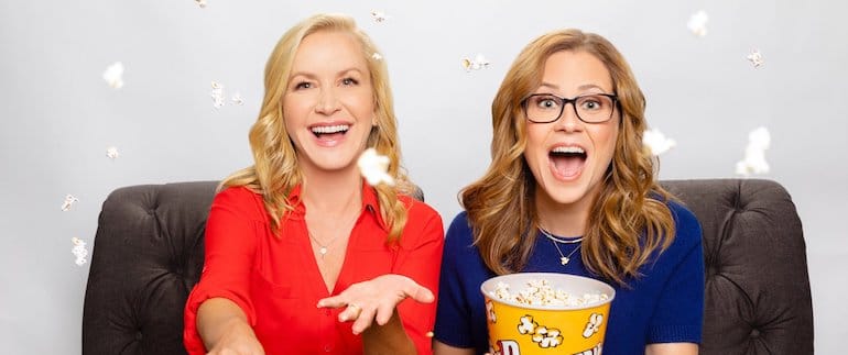 Office Ladies hosts "Angela" and "Pam" throwing popcorn
