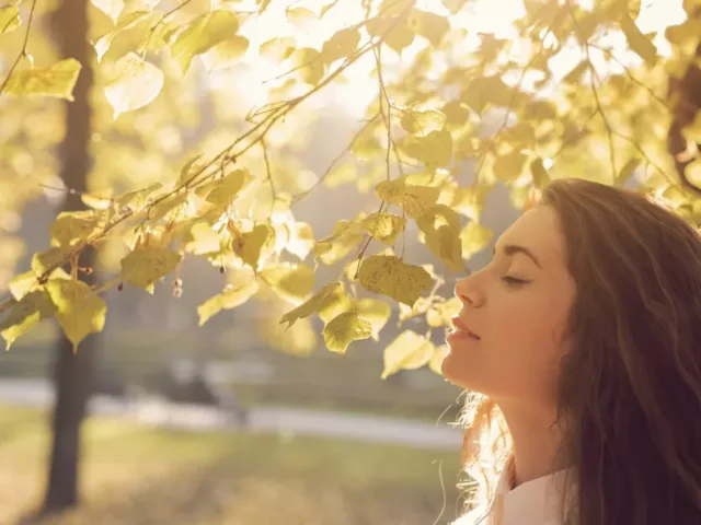 Woman at park under trees in sunlight to get immunity-boosting vitamin D