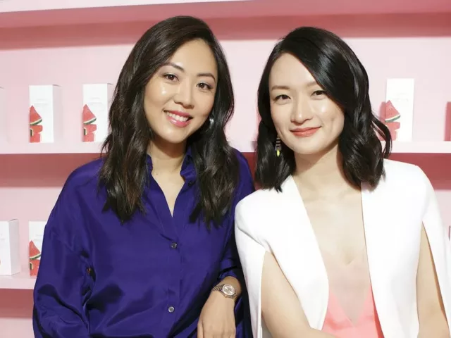 Glow Recipe funders Sarah Lee and Christine Chang in front of pink K-beauty background