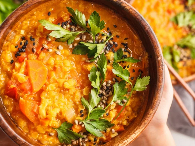 Woman holding WFPB diet meal of vegan curry