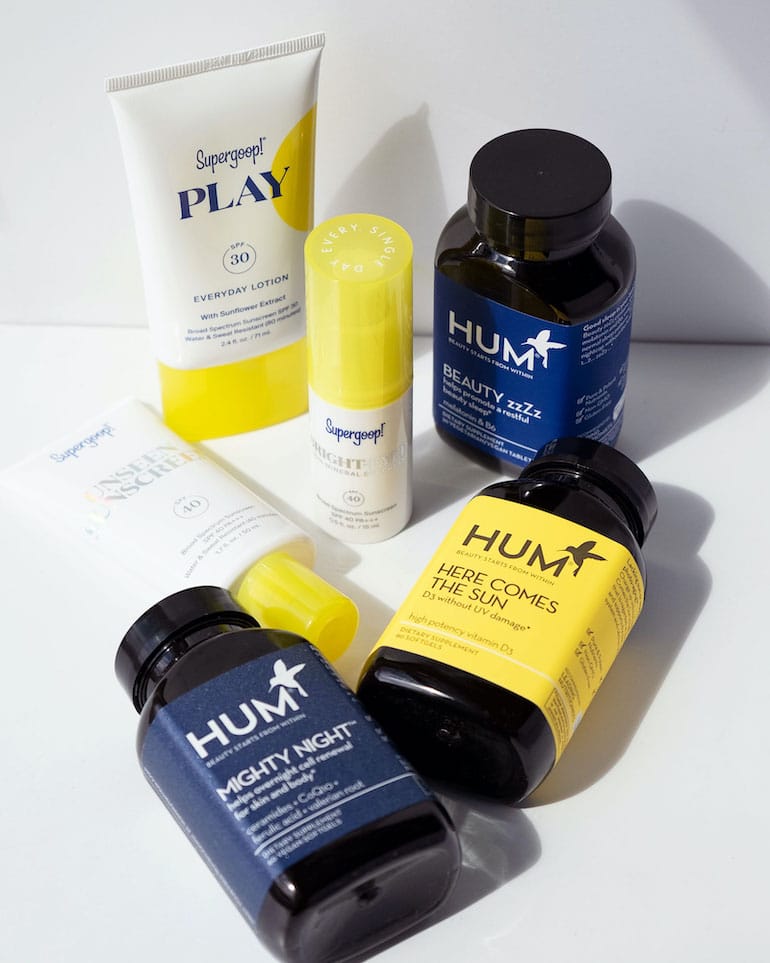 Supergoop! sunscreen products and HUM Nutrition supplements, including Here Comes the Sun vitamin D, for the ultimate sun protection
