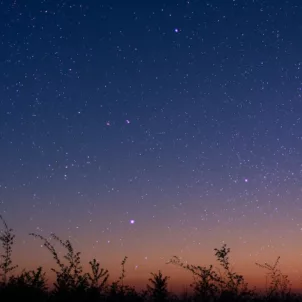 Full moon over a field amidst a purple and orange starry night sky