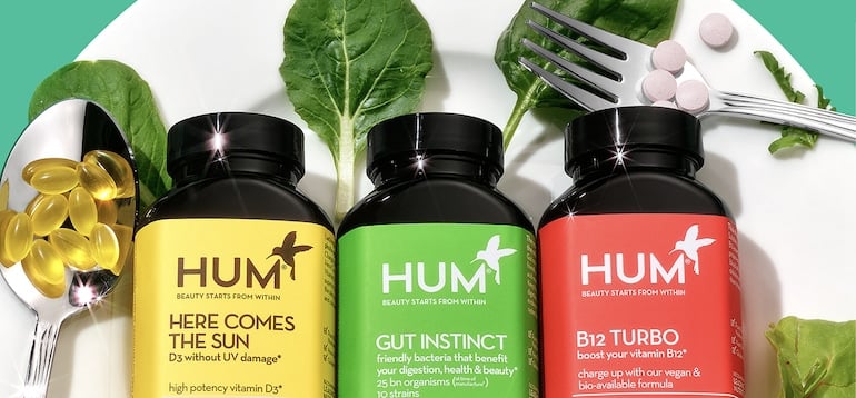 HUM vitamins with D3, probiotics, and B12 to illustrate how a personalized vitamin quiz can determine what supplements you should take