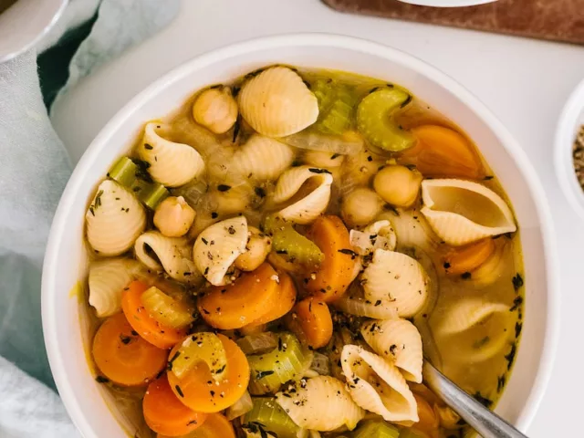 Vegan chickpea soup recipe with noodles from nutritionist Jessica Bippen, MS, RD