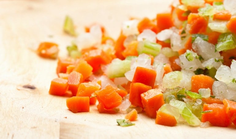 Mirepoix on cutting board for chickpea soup