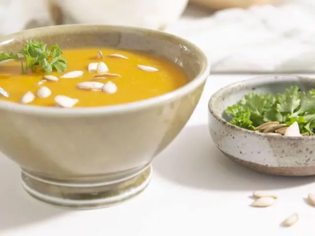 Vegan butternut squash soup by registered dietitian Miriam Jacobson