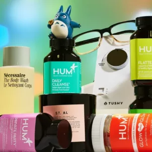 Beauty and wellness gifts recommended by Team HUM for 2020 in front of bright green background