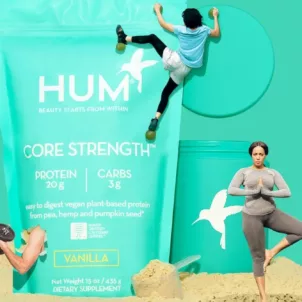 HUM Core Strength vegan protein powder in a fitness creative concept