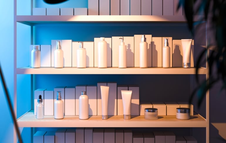 Shelf of beauty bottles and packaging that should be recycled to help the environment