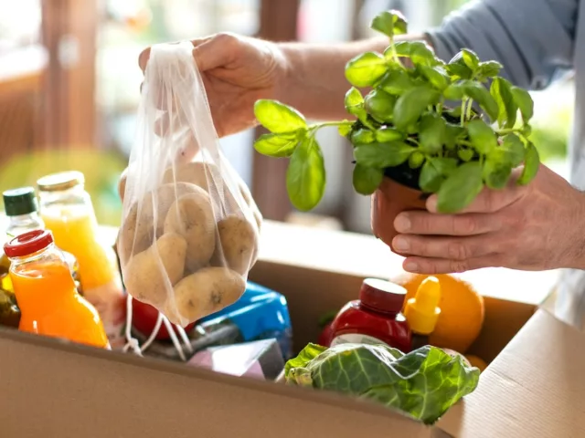 Man unpacking his grocery haul with plant-based foods, rich in benefits for human and environmental health