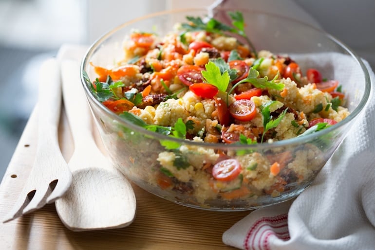 Couscous, tomatoes, and fresh veggies to eat for immune support