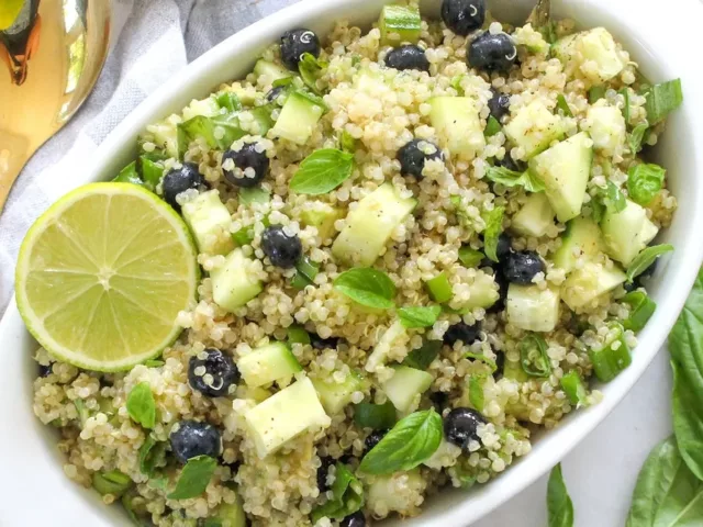 Summer quinoa salad recipe by registered dietitian Chelsey Amer