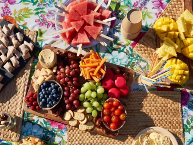 healthy pool snacks table set up