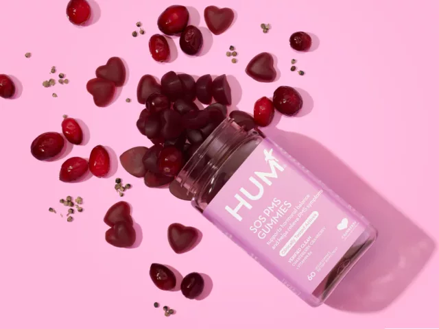 HUM Nutrition SOS PMS gummies for relief from bloating, hormonal acne, irritability, and more PMS symptoms